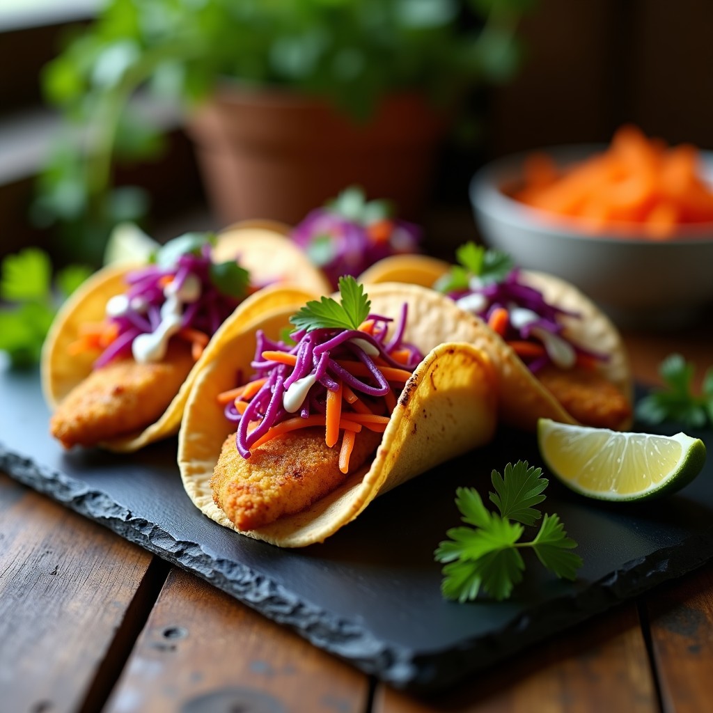 Tacos de pescado al estilo Zaragoza servidos en tortillas de maíz, con filetes de merluza crujientes y dorados, acompañados de slaw de repollo morado y zanahoria, sobre una tabla de madera rústica.