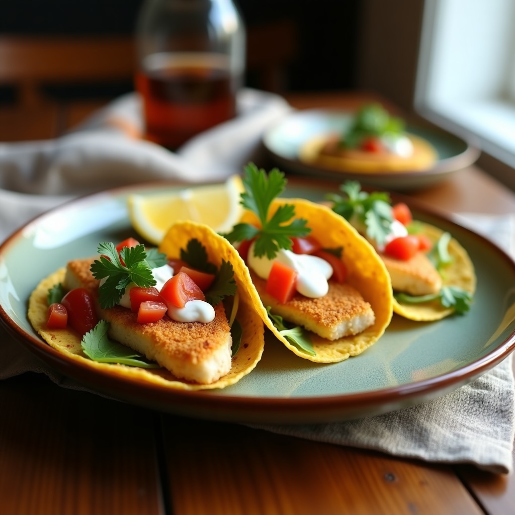 Plato con tacos de pescado zaragozano en airfryer, con filetes de merluza empanizados dorados y crujientes, servidos en tortillas de maíz con ensalada de lechuga, tomate y salsa de yogur griego, decorados con perejil fresco.