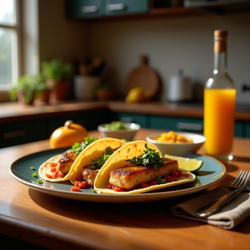 Tacos de pescado zarandeado en airfryer, dorados y crujientes, servidos en tortillas de maíz con repollo morado, cebolla, cilantro y crema agria, sobre un plato de barro rústico con limones verdes y salsa picante al lado.