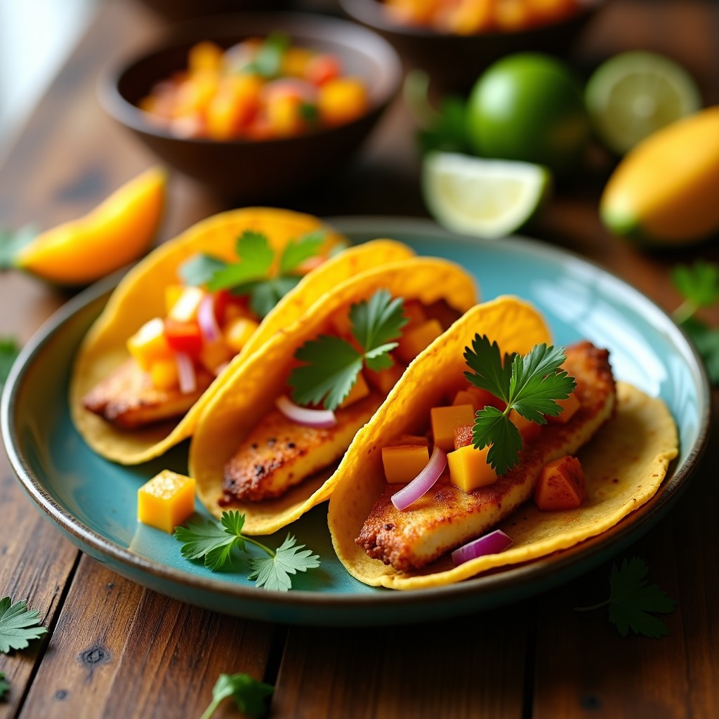 Tacos de pescado zarandeado dorado en tortillas de maíz, acompañados de salsa de mango habanero y cilantro fresco, receta auténtica de Nayarit.