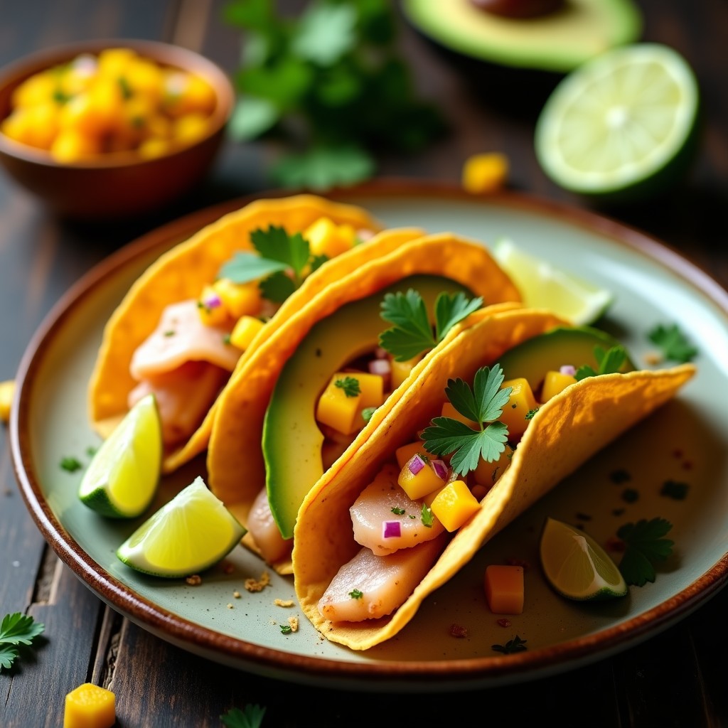 Tacos de pescado zarza ahumado sobre tortillas de maíz doradas, cubiertos con salsa de mango fresco, aguacate y cilantro, servidos en un plato de barro rústico.