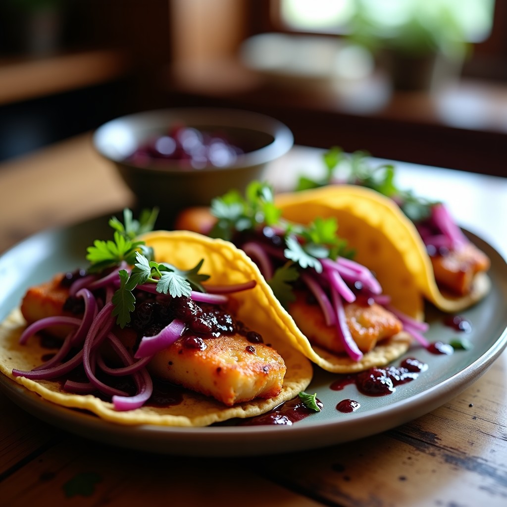 Tacos de pescado dorado y crujiente servidos en tortillas de maíz con salsa de zarzamora ahumada de color morado intenso, acompañados de encurtido de cebolla y repollo morado, decorados con cilantro fresco sobre una mesa rústica de madera.