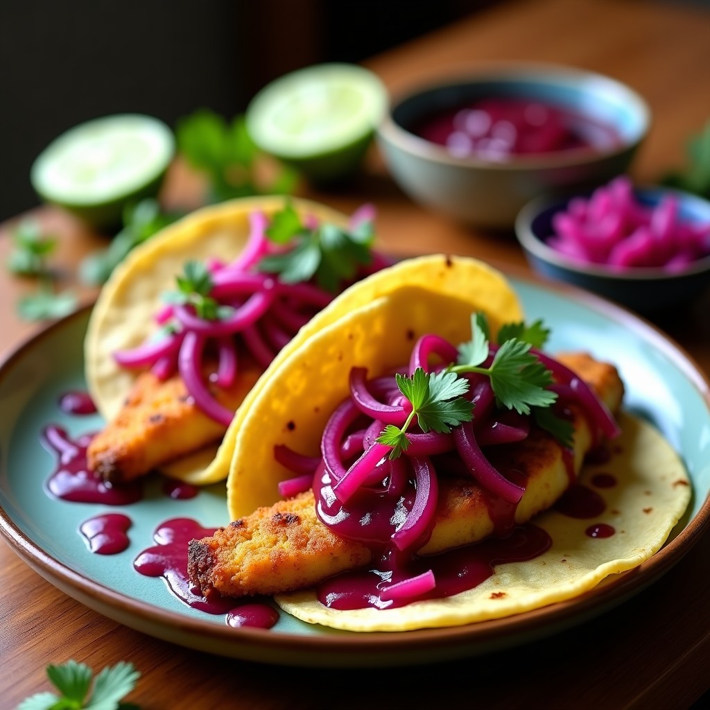 Plato colorido con tacos de pescado crujiente bañados en salsa zarza morada vibrante, acompañados de encurtido de cebolla morada y cilantro fresco, sobre tortillas de maíz.