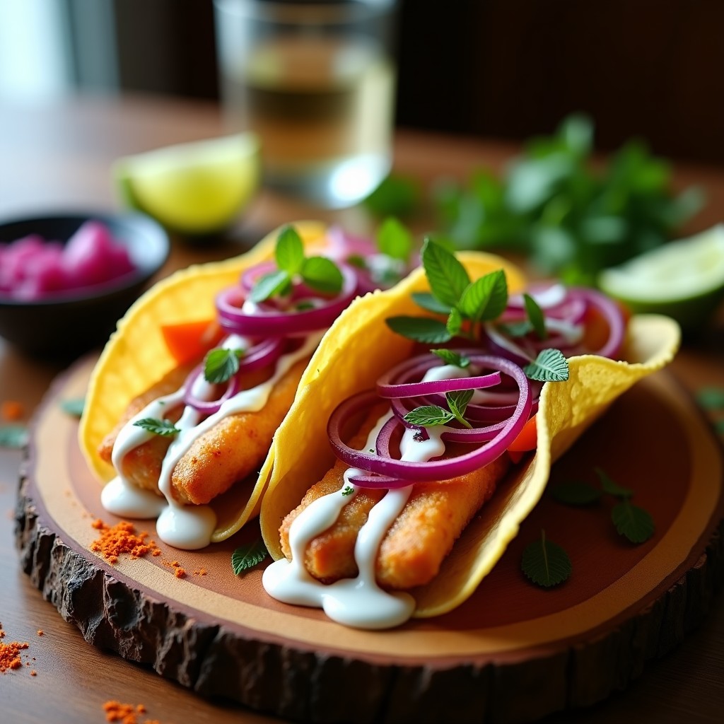 Plato de tacos de pescado a la zarza moro con filetes dorados de merluza, encurtidos de cebolla morada y zanahoria, y salsa de yogur con hierbabuena, servidos en tortillas de maíz sobre una tabla de madera rústica.