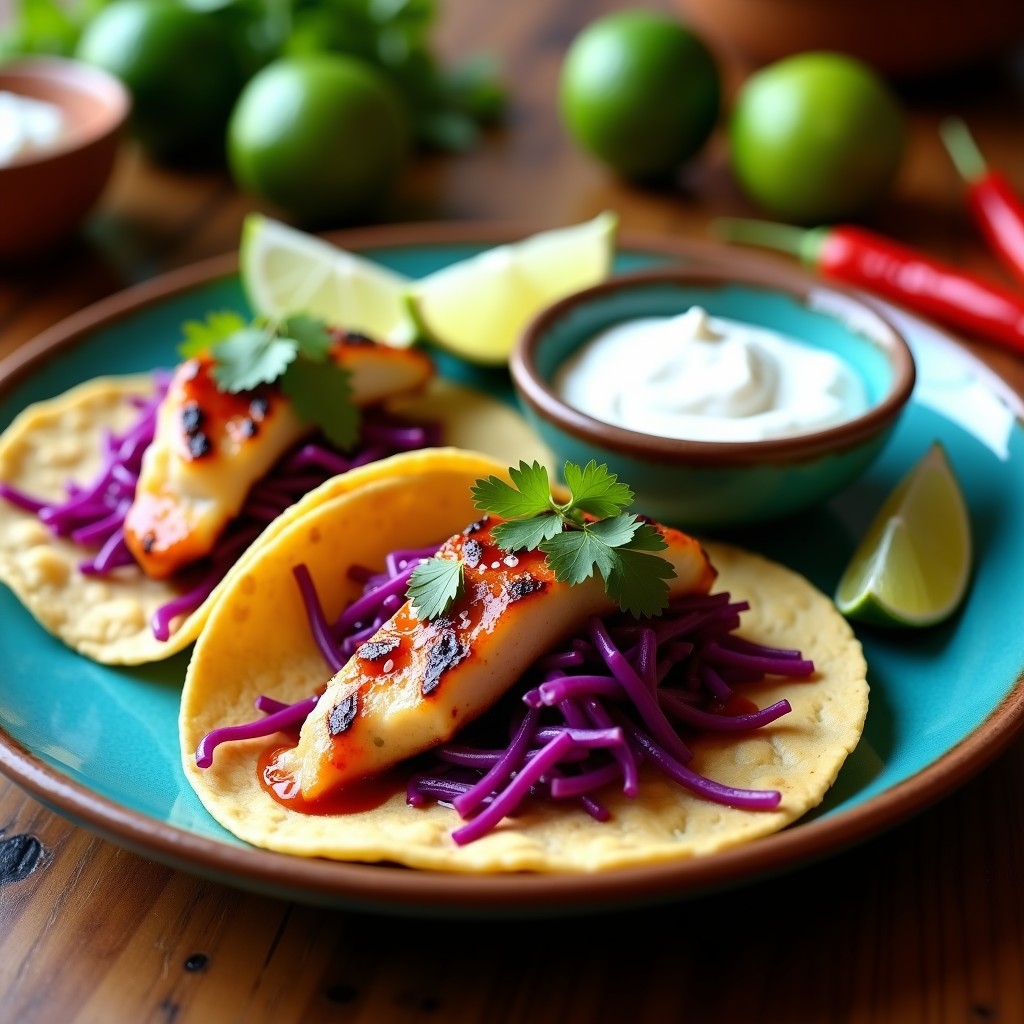Plato de tacos de pescado a la zarza parrilla con filetes de robalo carbonizados, tortillas de maíz azules, repollo morado, cebolla y salsa roja, sobre un fondo rústico de madera.