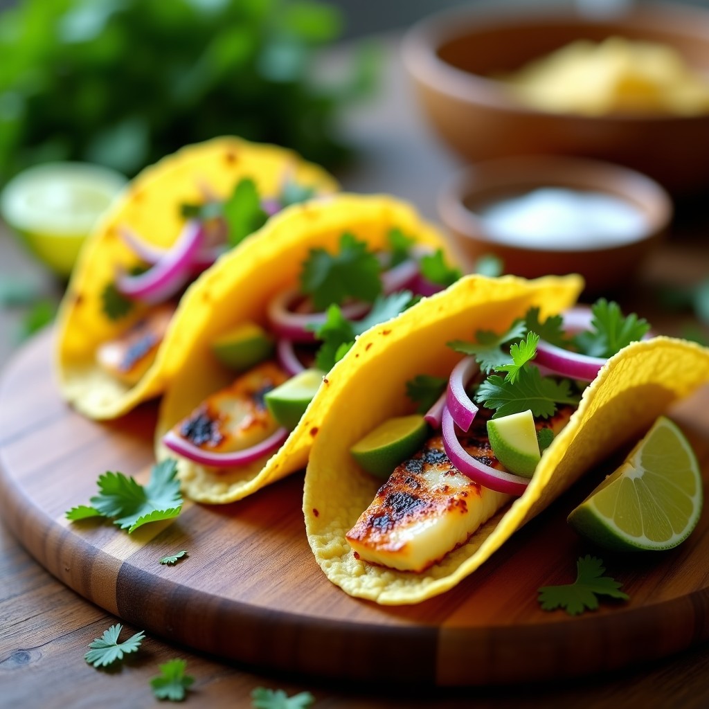 Plato de tacos de pescado al grill con filetes de merluza dorados, cebolla morada, aguacate y cilantro fresco, servidos en tortillas de maíz con rodajas de limón al lado.