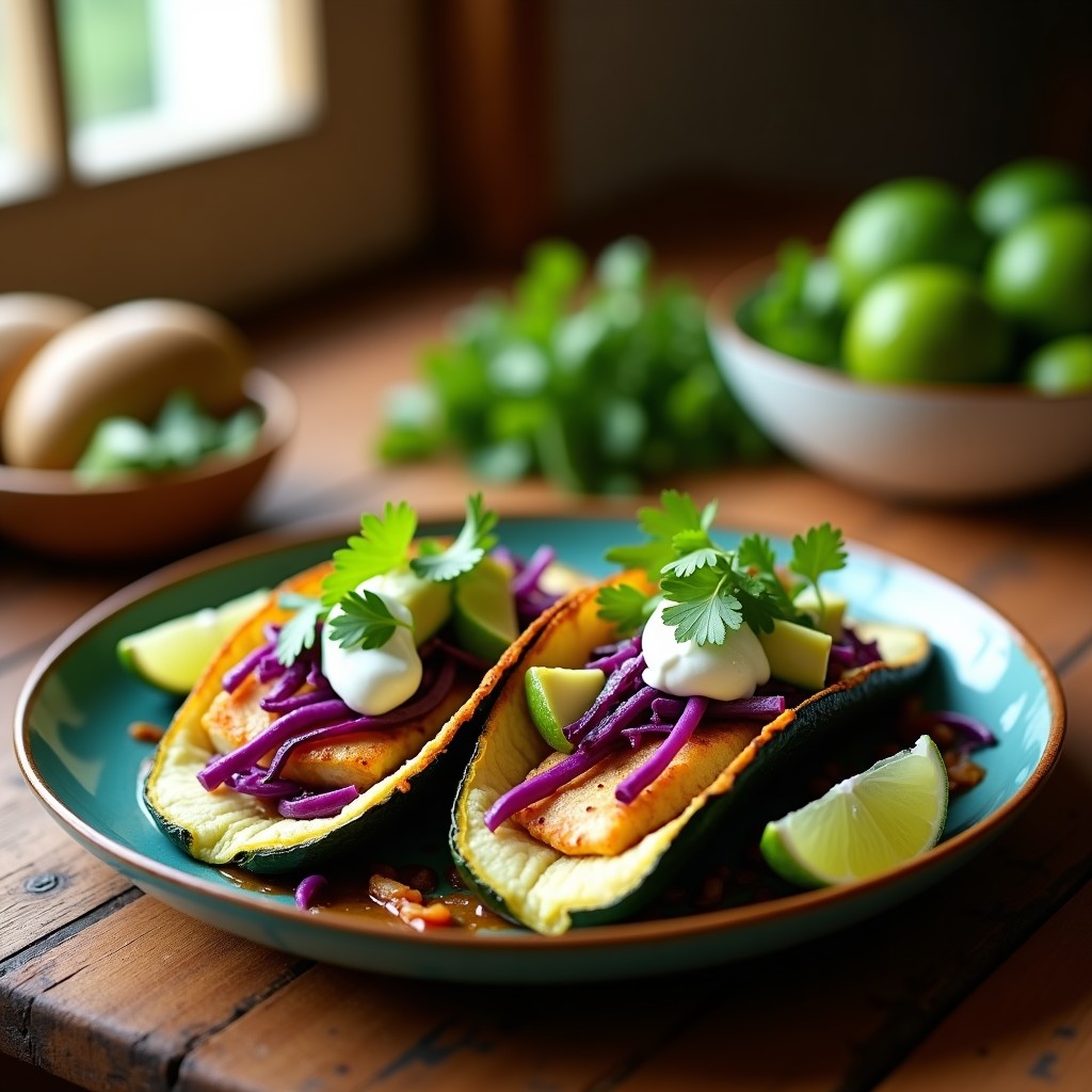 Plato con tacos de pescado desmenuzado sobre bases de zucchini asado, acompañados de aguacate, repollo morado y crema agria, con un toque de cilantro fresco. Receta baja en carbohidratos y alta en proteína.