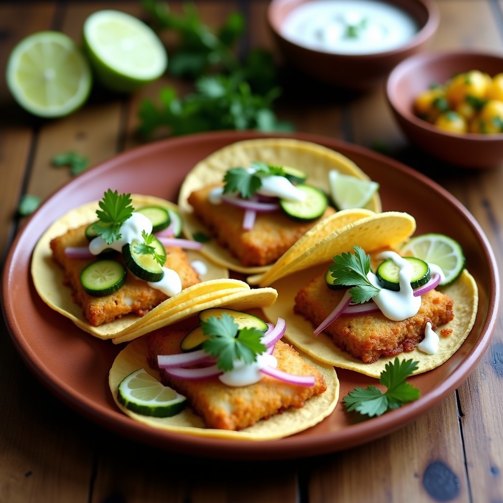 Plato de tacos de pescado dorado y crujiente sobre tortillas de maíz, acompañados de zucchini y cebolla morada encurtidos en juliana, salsa de yogur y cilantro fresco, servidos en un plato de barro rústico.