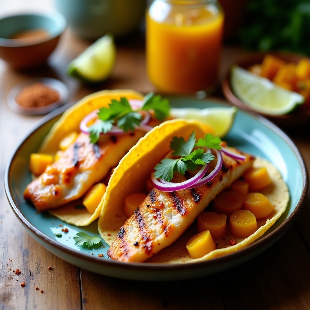 Plato de tacos de pez espada asado con encurtidos de mango, cebolla morada y cilantro, servidos en tortillas de maíz doradas.