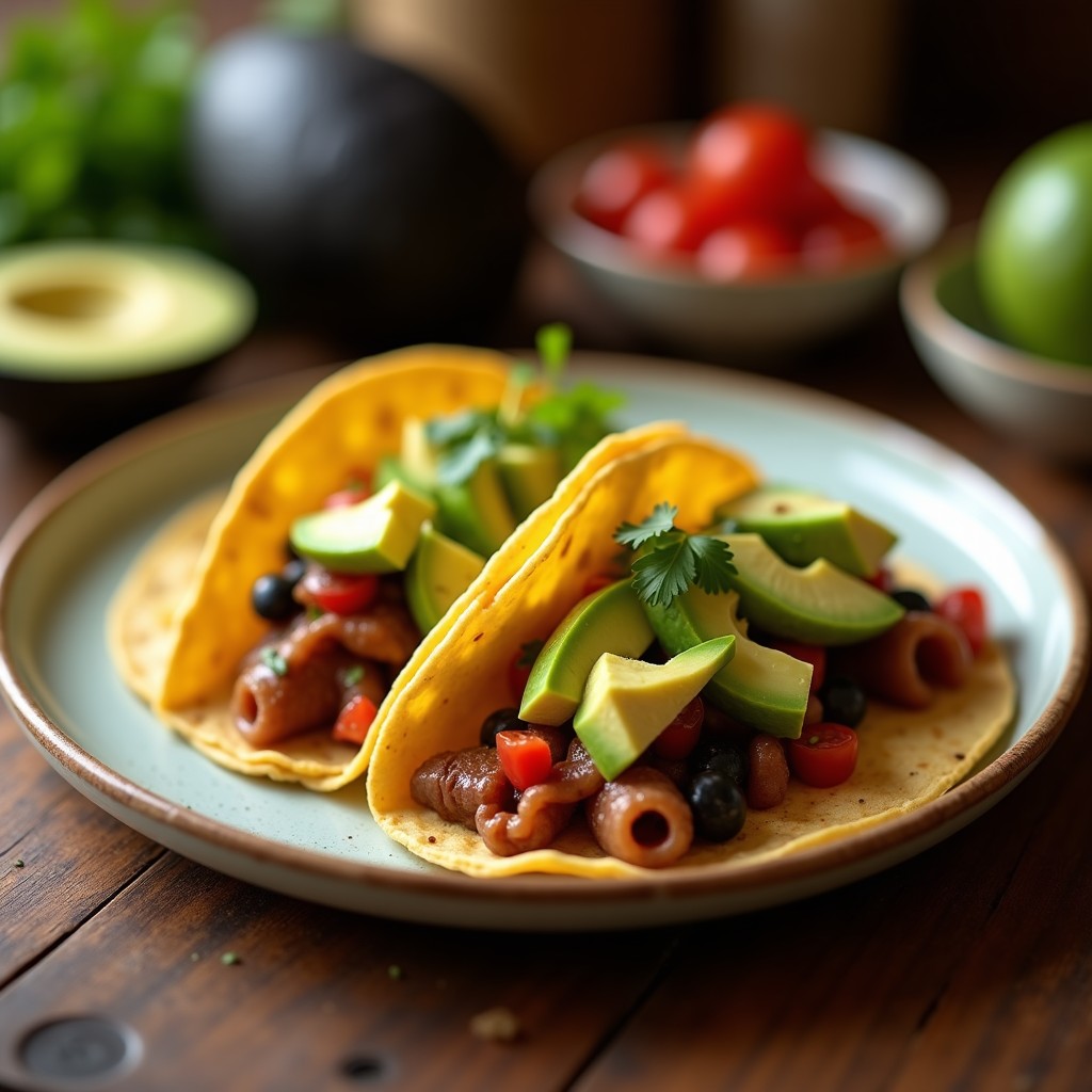 Tacos de pingüinos de berenjena veganos con aguacate, servidos en tortillas de maíz azules, decorados con alga nori, tomates cherry y semillas de sésamo, sobre un plato de barro rústico.