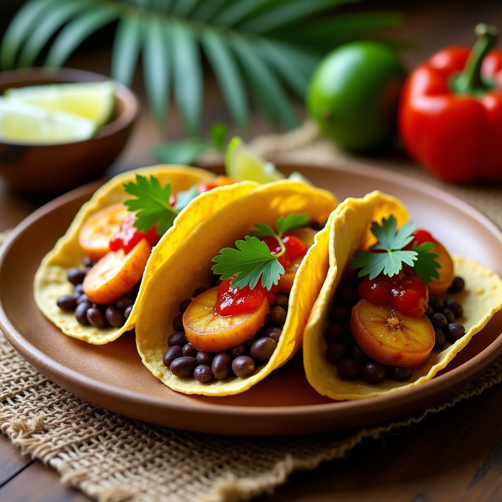 Plato con tacos de plátano macho dorado y frijoles negros sazonados, decorados con aguacate y cilantro fresco sobre tortillas de maíz. Receta vegana caribeña rápida y colorida.