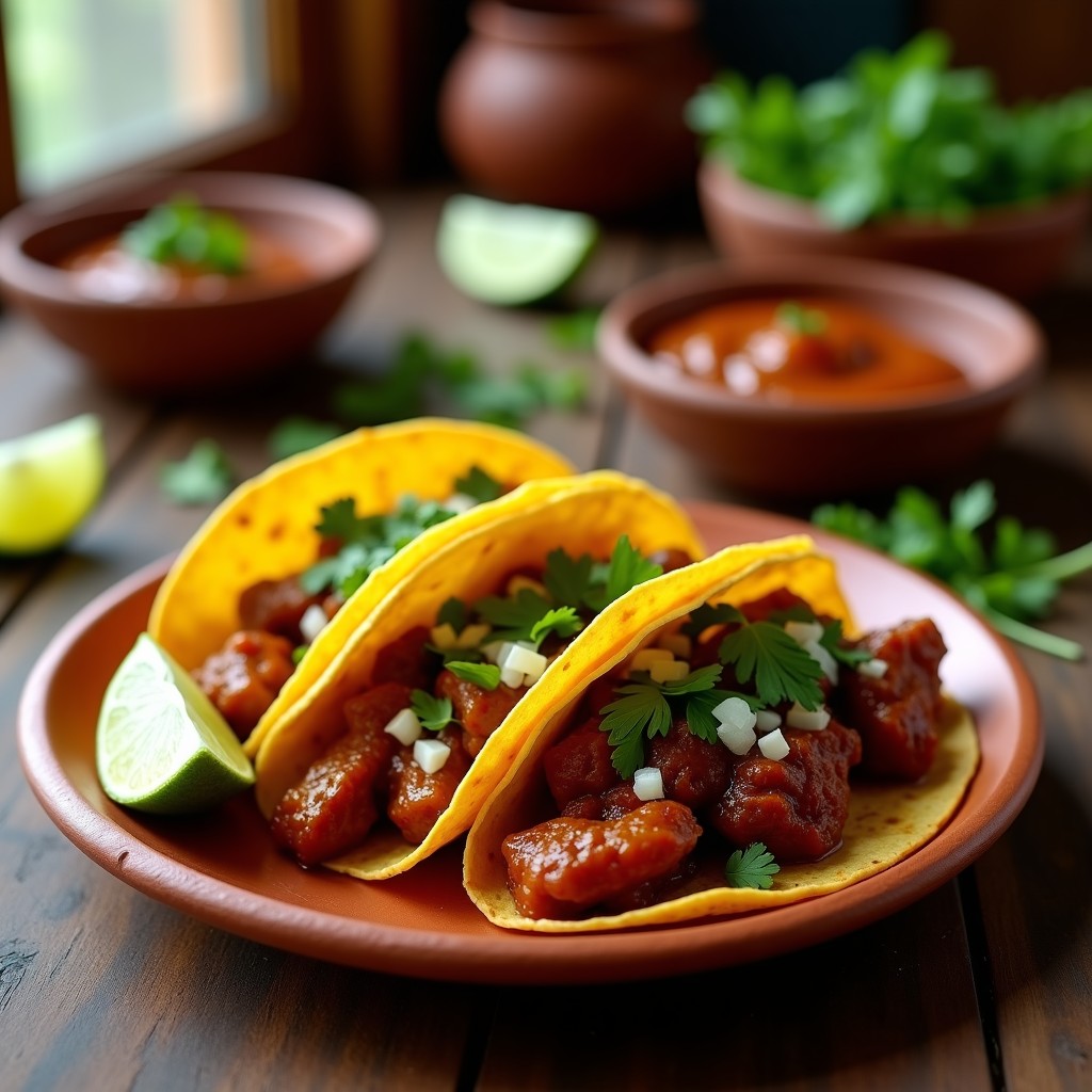 Plato de tacos de pollo en mole colorado servidos en tortillas de maíz, bañados en una salsa roja intensa de mole con trozos de pollo jugoso, decorados con cebolla morada, cilantro fresco y limón, sobre un mantel rústico de barro. Receta tradicional mexicana en olla exprés.