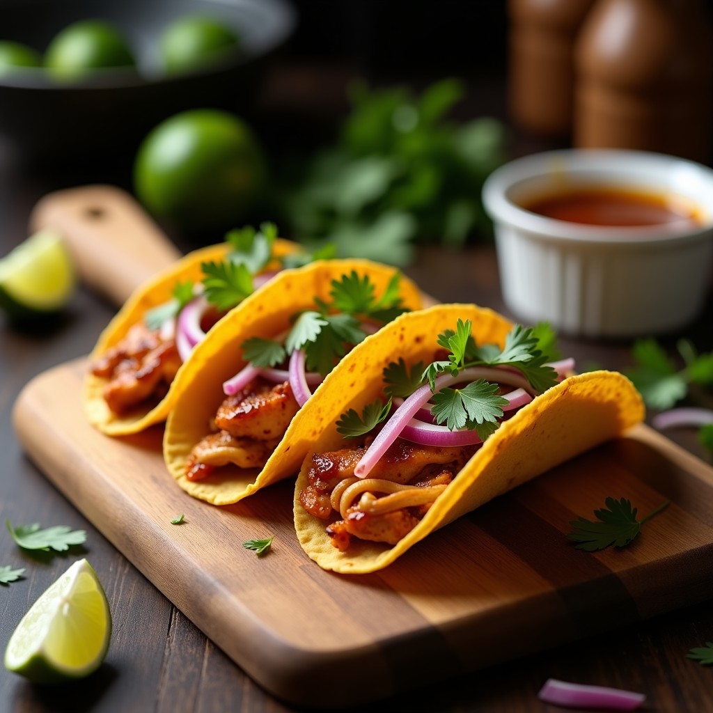 Tacos de maíz abiertos sobre tabla de madera, rellenos de pollo dorado y crujiente glaseado con tamarindo, cebolla morada en juliana, cilantro fresco y rodajas de limón, receta airfryer.