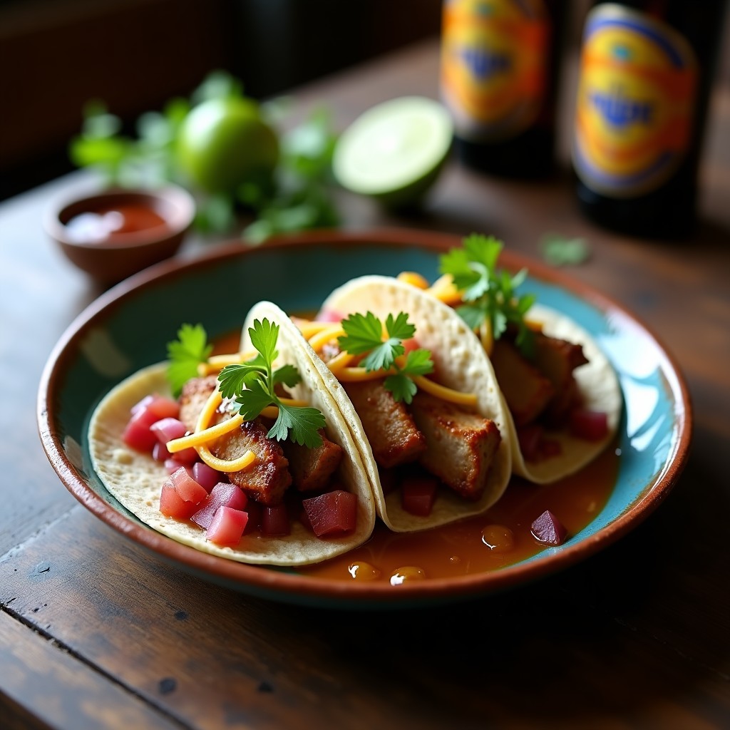 Tacos de maíz azul rellenos de tiras doradas de pato porter, cebolla morada picada y cilantro fresco, con un chorrito de salsa cítrica brillante. Plato rústico de barro con fondo de madera oscura y limones en rodajas.