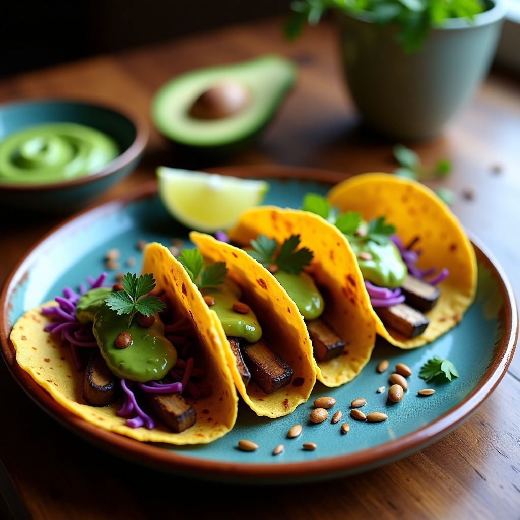 Plato con tacos de Portobello y rajas de poblano en tortillas de maíz azules, bañados con salsa de aguacate cremosa, decorados con lechuga morada y semillas de calabaza sobre una mesa de madera rústica.