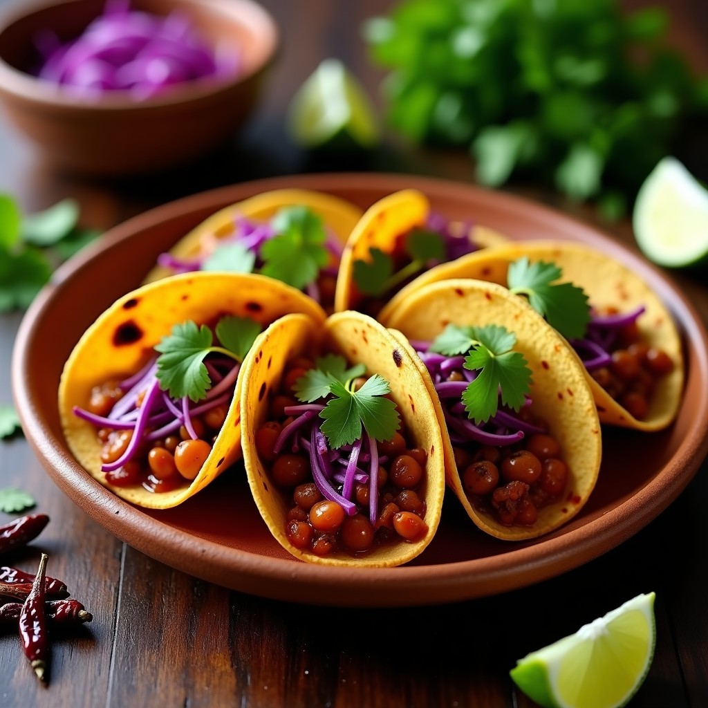 Tacos de pozole rojo vegano en plato de barro, rellenos de hongos portobello en salsa ahumada, sobre tortillas de maíz azul tostadas en airfryer, decorados con lechuga morada y cilantro fresco.