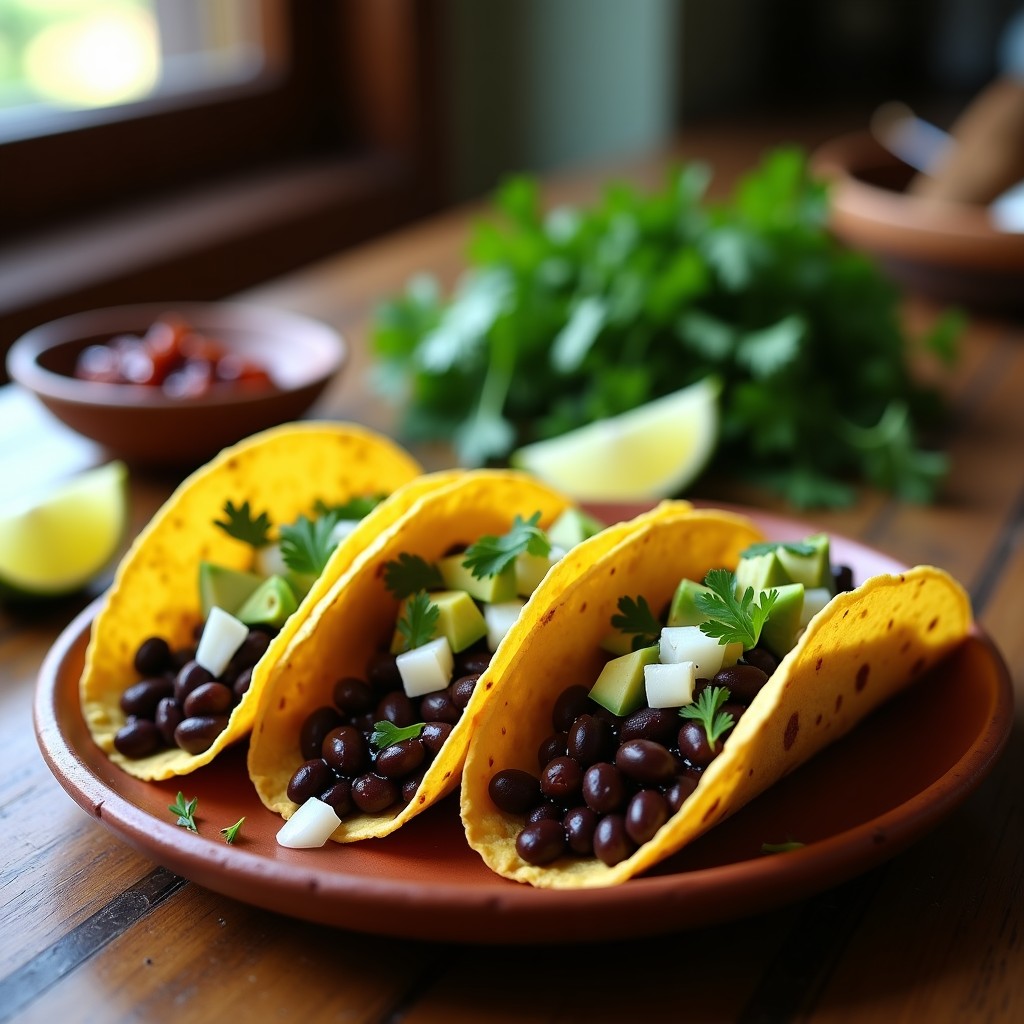 Plato de tacos de puedenes ahumados en tortillas de maíz, acompañados de aguacate, cebolla blanca, cilantro fresco y limón, con un fondo rústico de madera.