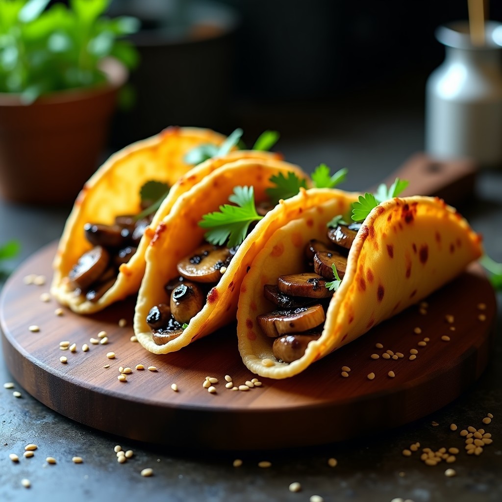 Tacos dorados de puff pastry rellenos de hongo shitake salteado, con semillas de sésamo y cilantro fresco, servidos en una bandeja de madera oscura sobre fondo rústico.
