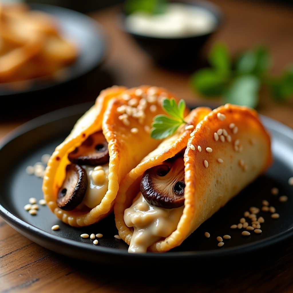 Tacos dorados de puff pastry rellenos de crema de hongos porcini, con semillas de sésamo y acabado brillante, servidos en un plato de cerámica negra con fondo de madera rústica.