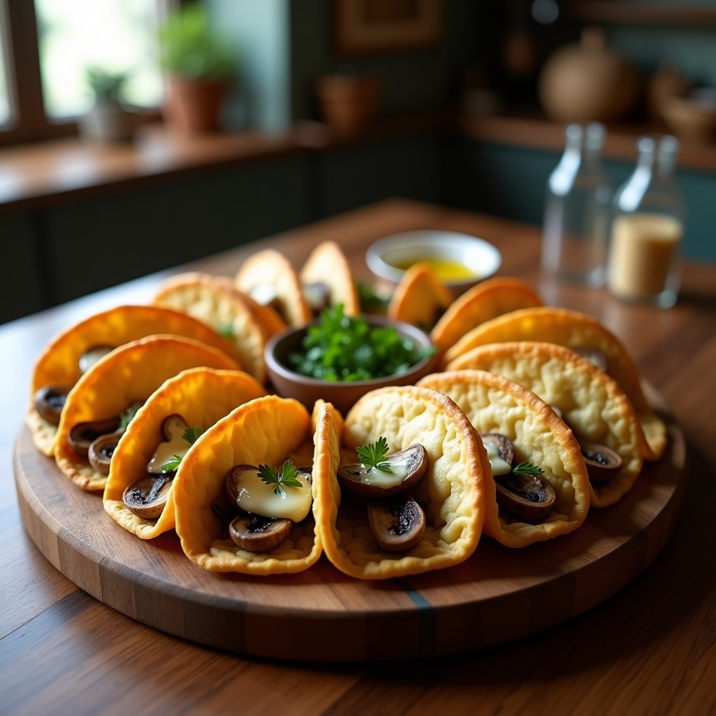 Tacos dorados de hojaldre rellenos de hongos portobello salteados con aceite de trufa y queso brie fundido, servidos en una tabla de madera con perejil fresco.