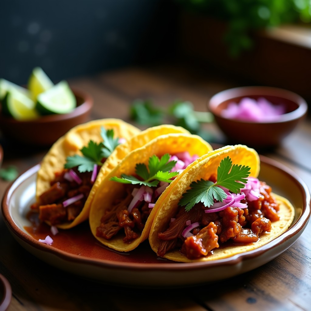 Tacos de pulled pork en airfryer servidos en plato de barro, con tortillas de maíz rellenas de cerdo desmenuzado bañado en salsa barbacoa, cebolla morada y cilantro fresco.