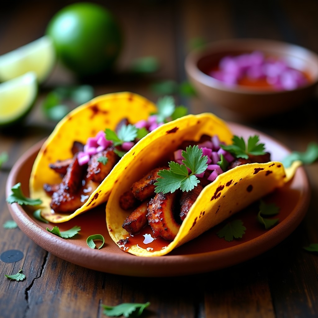 Tacos de maíz dorados rellenos de trozos de pulpo ahumado al adobo, cebolla morada picada, cilantro fresco y salsa de chipotle, servidos en plato rústico de barro.