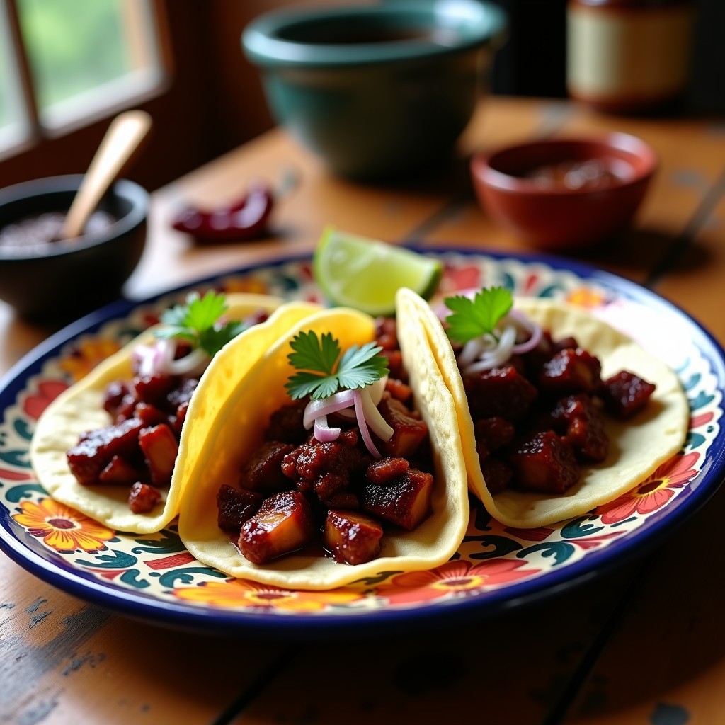 Plato de tacos de pulpo ahumado con adobo negro, servidos en tortillas de maíz, acompañados de cebolla morada picada y cilantro fresco, sobre un mantel rústico de yute.