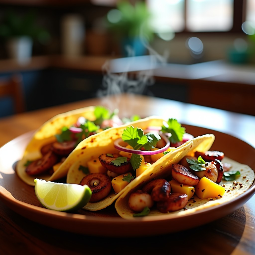 Plato de tacos de pulpo ahumado y mango sobre tortillas de maíz azules, decorados con aguacate, cebolla morada, cilantro y semillas de sésamo, con salsa teriyaki brillante y un toque de wasabi.