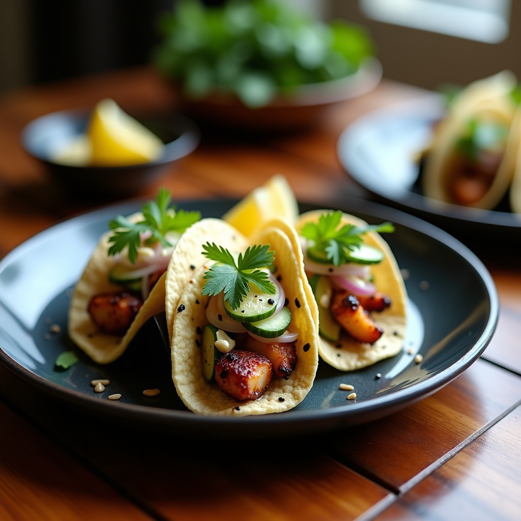 Tacos de maíz azul rellenos de pulpo ahumado dorado, cebolla morada en juliana, pepino japonés y salsa cremosa de miso y wasabi, decorados con semillas de sésamo negro, chips de alga nori y hojas de cilantro fresco sobre un plato de cerámica oscura, receta fusion japonesa.