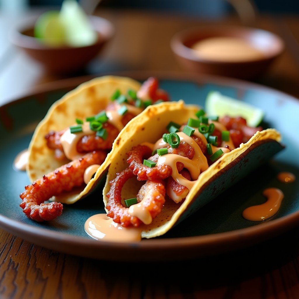 Tacos de Pulpo al Ajillo con Aioli de Kimchi: Receta Fusión Corea-Española Crujiente