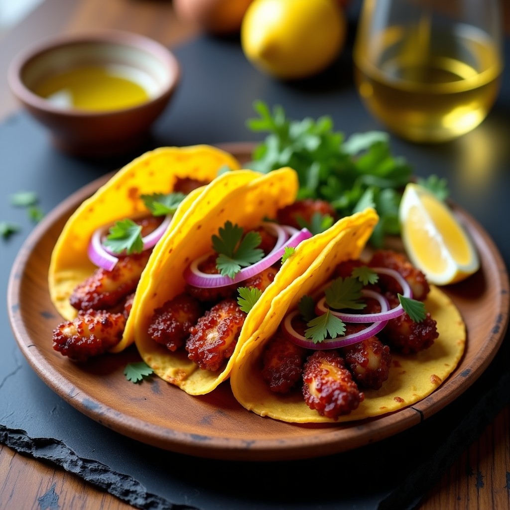 Tacos de maíz dorados rellenos de pulpo crujiente al ajillo, con cebolla morada, perejil fresco y un toque de vino albariño, servidos en plato rústico de madera con limón al lado. Receta de tacos de pulpo al ajillo con toque gallego en airfryer.