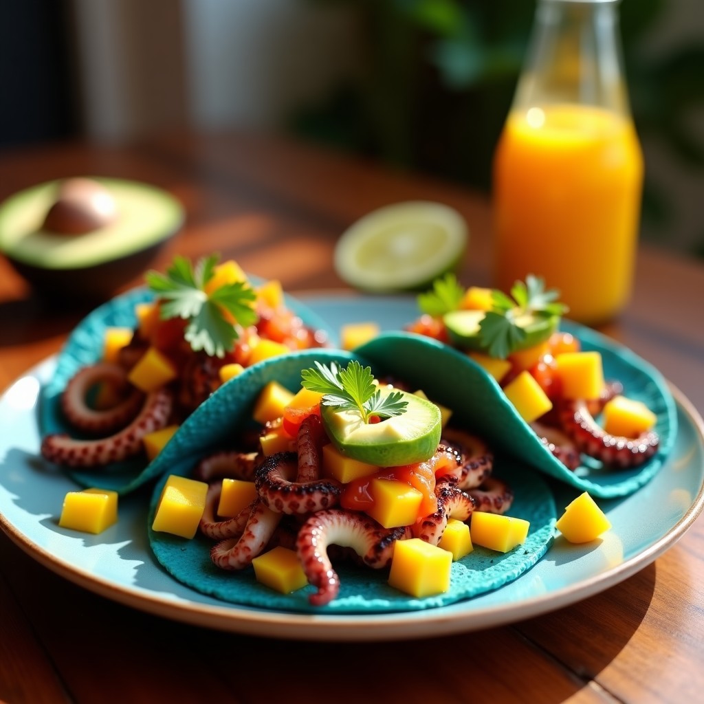 Tacos de pulpo asado dorado en Airfryer sobre tortillas de maíz azules, acompañados de salsa fresca de mango y habanero, aguacate en láminas y cilantro. Plato colorido con fondo rústico de madera.