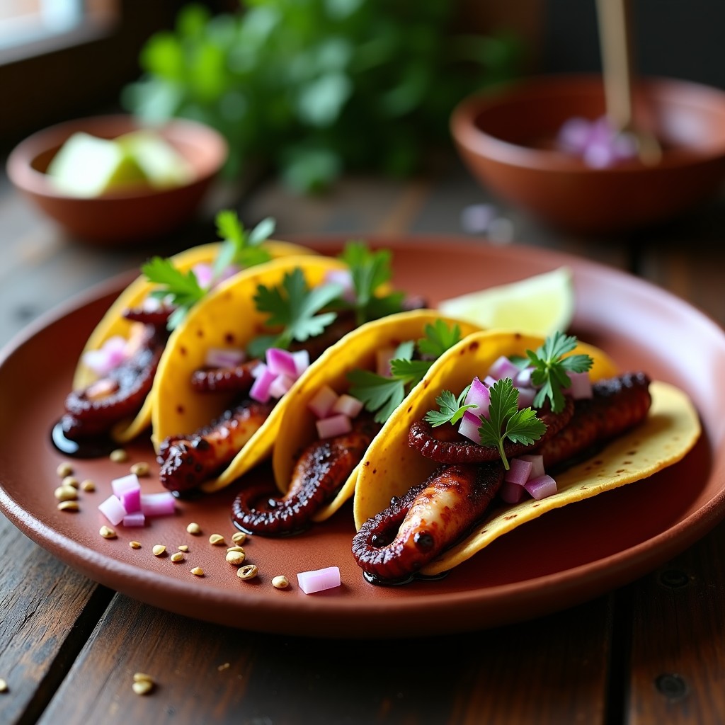 Tacos de maíz azul rellenos de pulpo carbonizado en trozos, cebolla morada, aguacate y cilantro, bañados en salsa macha espesa con semillas de sésamo. Plato servido en mesa de madera rústica con limones verdes de fondo.