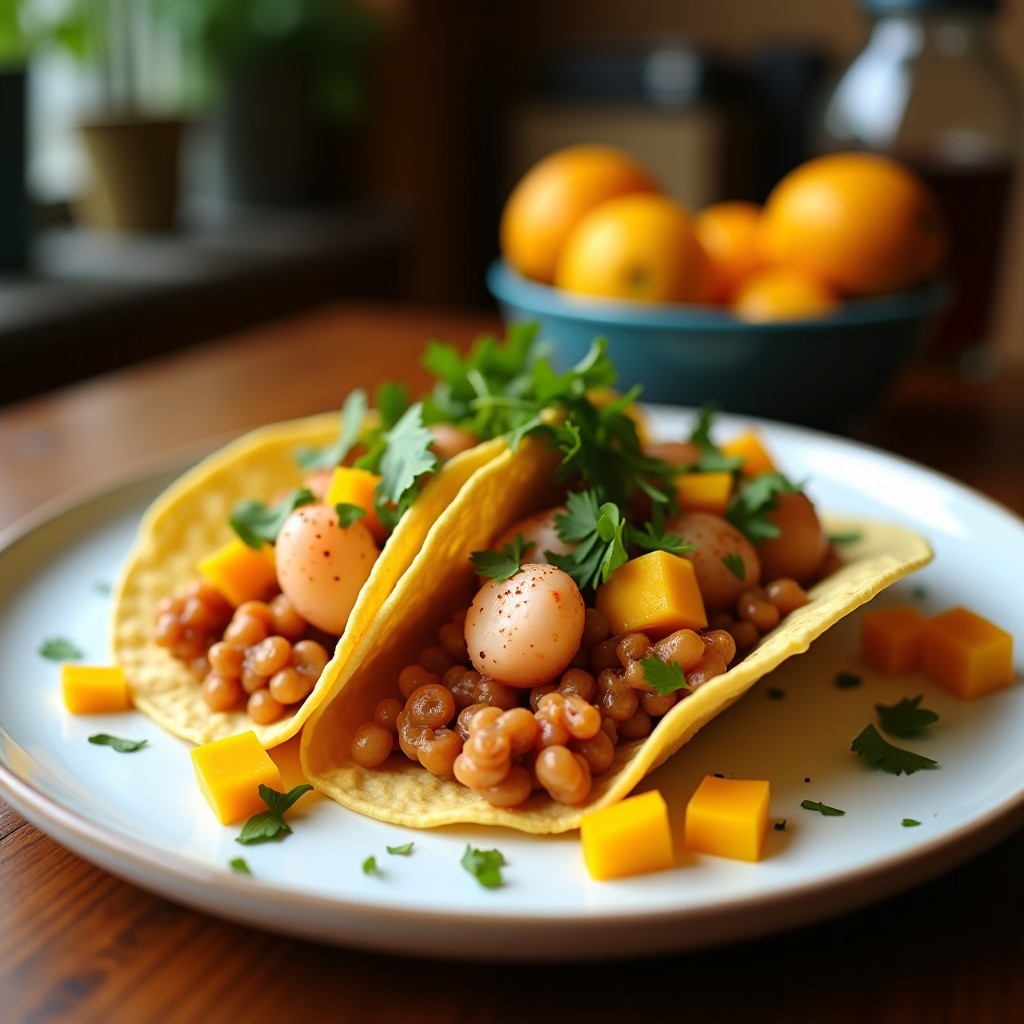 Plato de tacos abiertos de maíz azul con pulpo encurtido en trozos, mango verde en juliana, cebolla morada y habanero, decorados con cilantro fresco y un hilo de aceite de oliva sobre fondo rústico de madera.