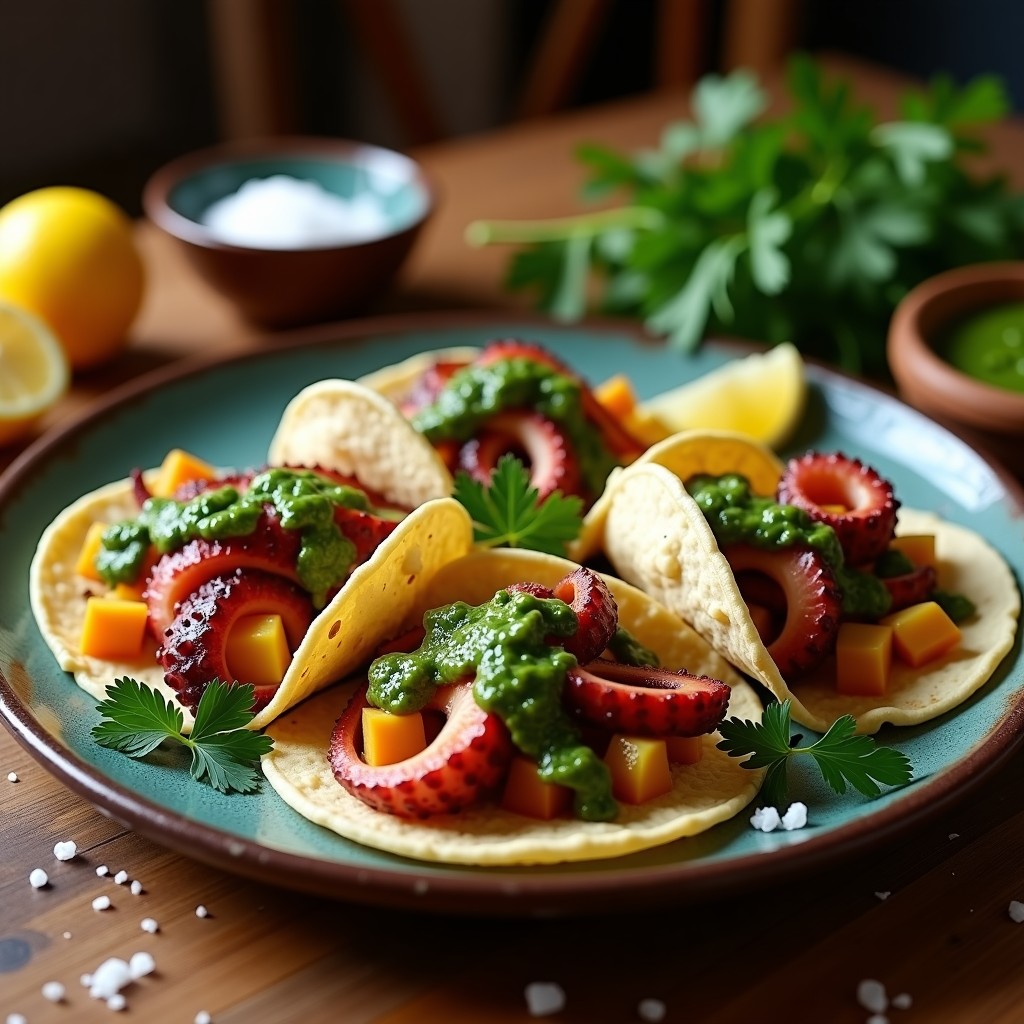 Plato de tacos de pulpo a la gallega con chimichurri de perejil, servidos en tortillas de maíz azules, acompañados de patatas y cebolla morada, con un fondo rústico y hierbas frescas.