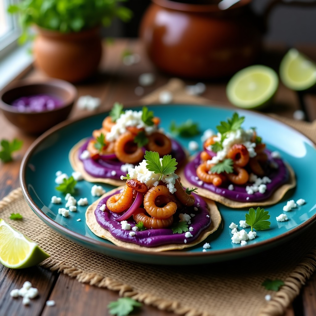 Plato de tacos de maíz azules rellenos de pulpo a la gallega dorado y puré de patata morada cremoso, decorados con cilantro fresco y rodajas de limón, sobre fondo rústico de madera.