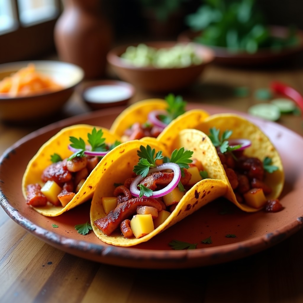Tacos de maíz dorados rellenos de pulpo a la gallega en trozos, patatas cocidas, cebolla morada y perejil, con un toque de pimentón de la Vera, servidos en un plato rústico de barro con fondo de madera.