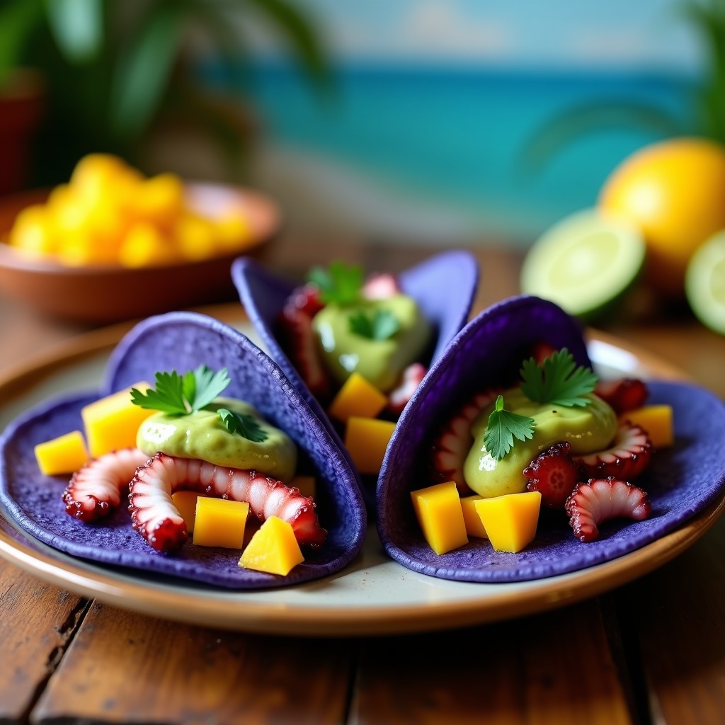 Plato de tacos de pulpo y mango con salsa de aguacate y habanero sobre tortillas de maíz azules, decorados con cilantro fresco y rodajas de limón verde, receta costera mexicana rápida.