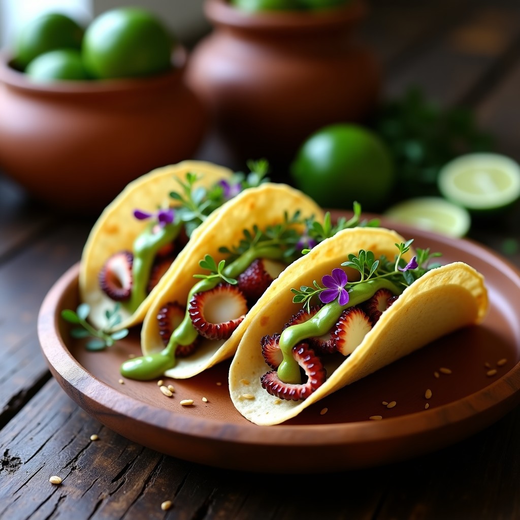 Tacos de maíz rellenos de pulpo a la plancha dorado, cubiertos con salsa cremosa de aguacate verde y decorados con microvegetales morados y semillas de sésamo, servidos en un plato de madera rústico con fondo de cocina peruana.