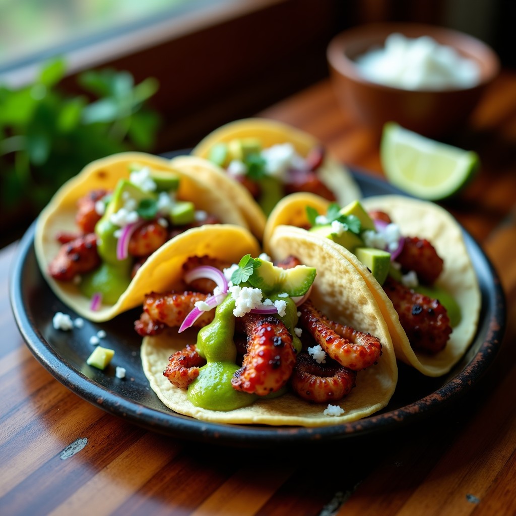 Tacos de maíz rellenos de pulpo a la plancha dorado, cebolla morada y pimiento verde, bañados en mojo verde fresco. Plato tradicional mexicano saludable preparado en Airfryer.