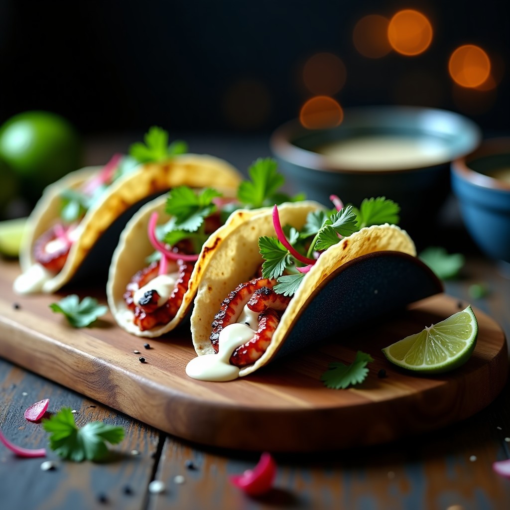 Plato de tacos de pulpo a la plancha con tortillas de maíz azules, trozos de pulpo dorado, salsa cremosa de miso y lima, cebolla morada, pimiento rojo asado, cilantro y semillas de sésamo negro, sobre un mantel rústico con limas kaffir al lado.