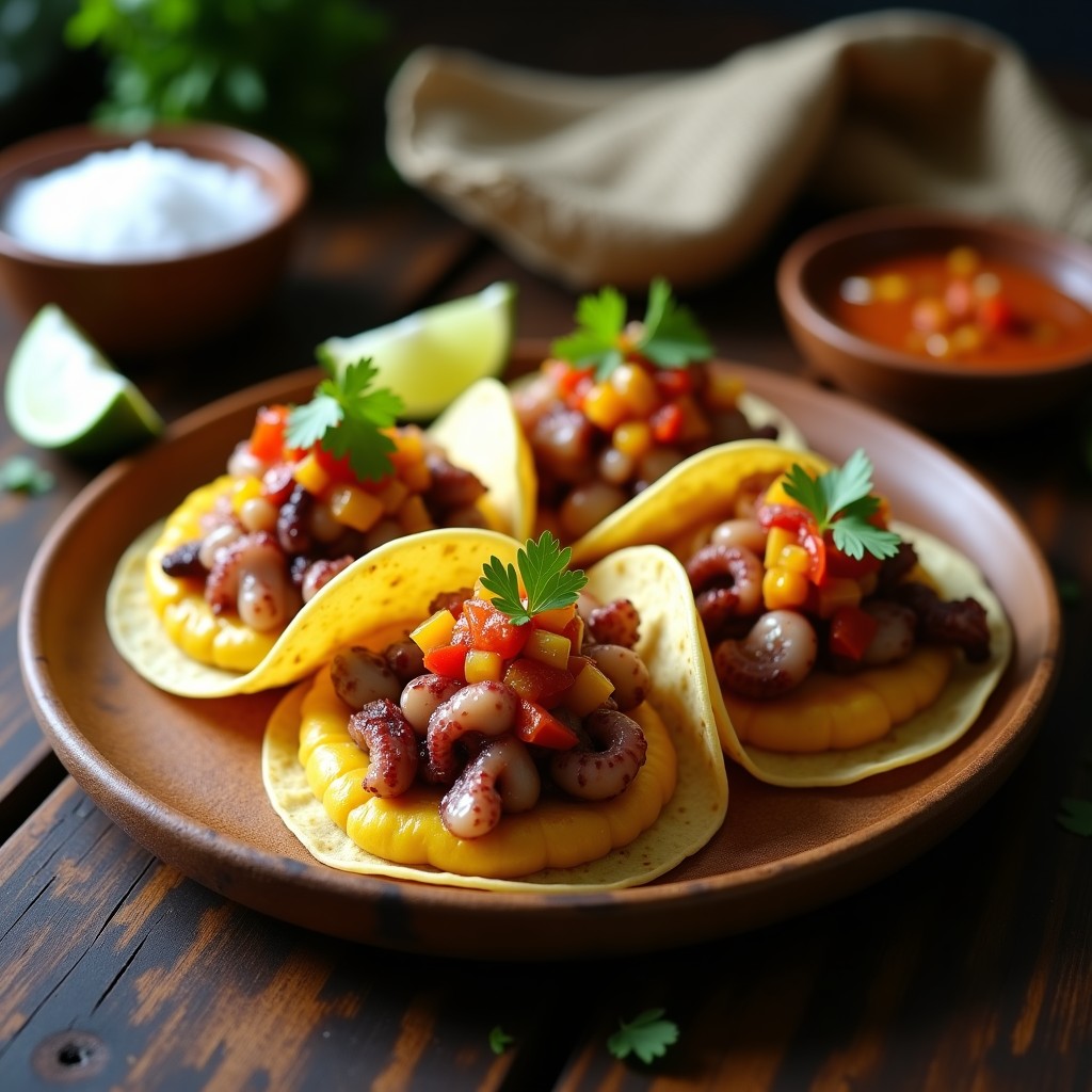 Tacos de pulpo y puré de yuca con salsa criolla en un plato rústico de madera, con tortillas de maíz, pulpo tierno, puré cremoso y salsa fresca de cebolla morada, tomate y ají amarillo. Receta costera peruana alta en proteína.