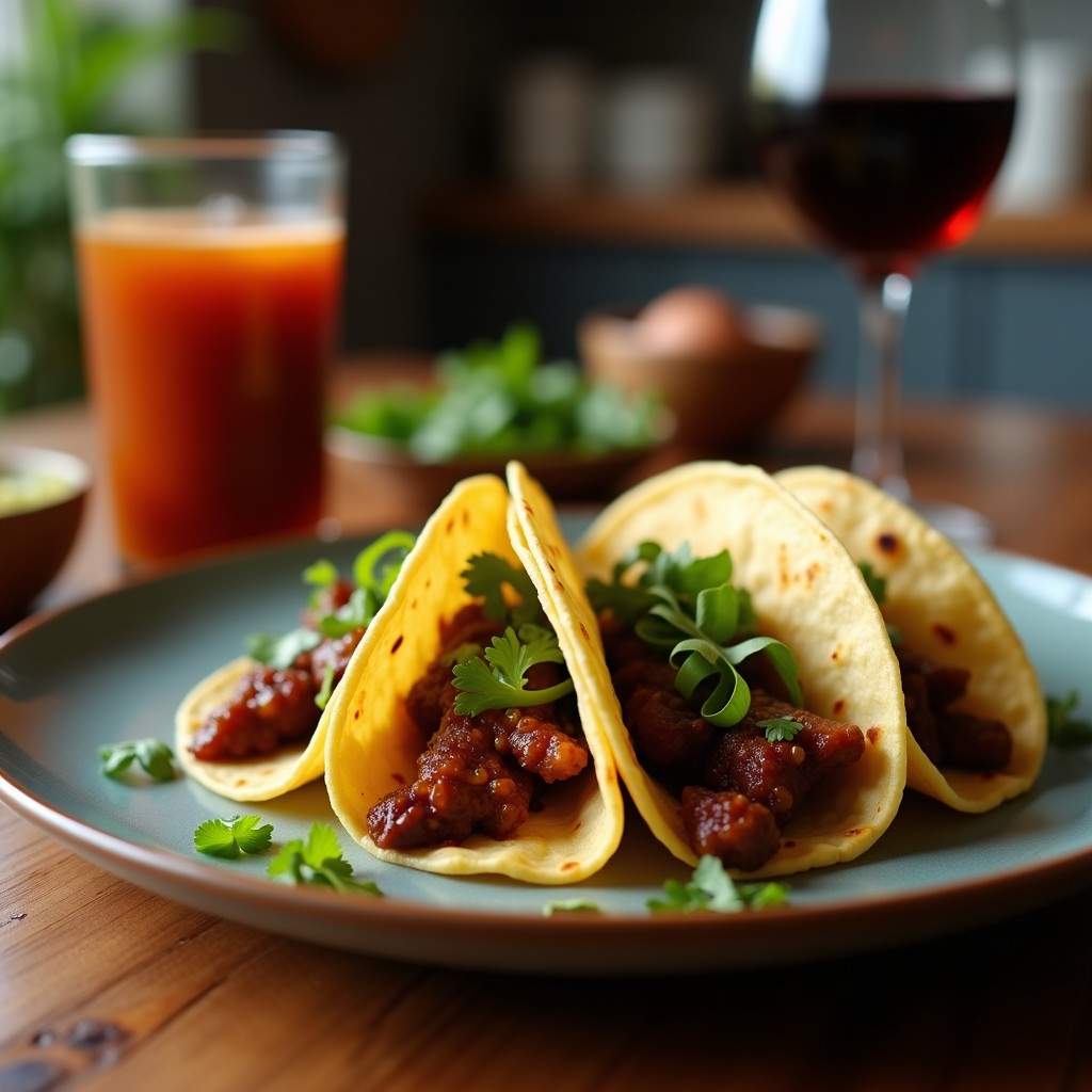 Plato de tacos de puyazo con chile pasilla ahumado servidos en tortillas de maíz azules, decorados con cilantro fresco, cebollín y limón verde, sobre un mantel rústico de tela tejida.