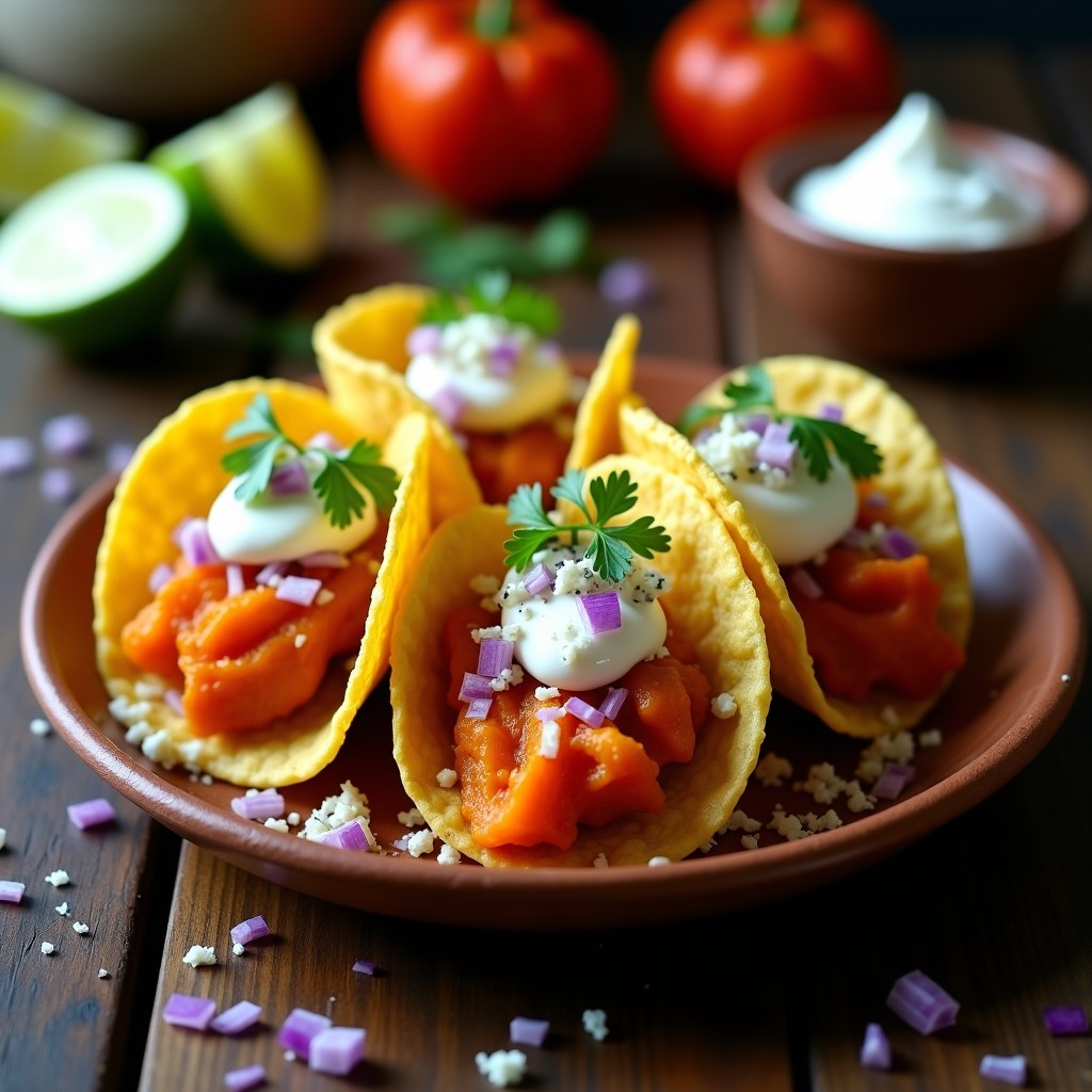 Tacos dorados y crujientes rellenos de flores de calabaza (puyazo) y queso azul desmenuzado, servidos en plato de barro con crema agria, cebolla morada y cilantro fresco, receta en airfryer.