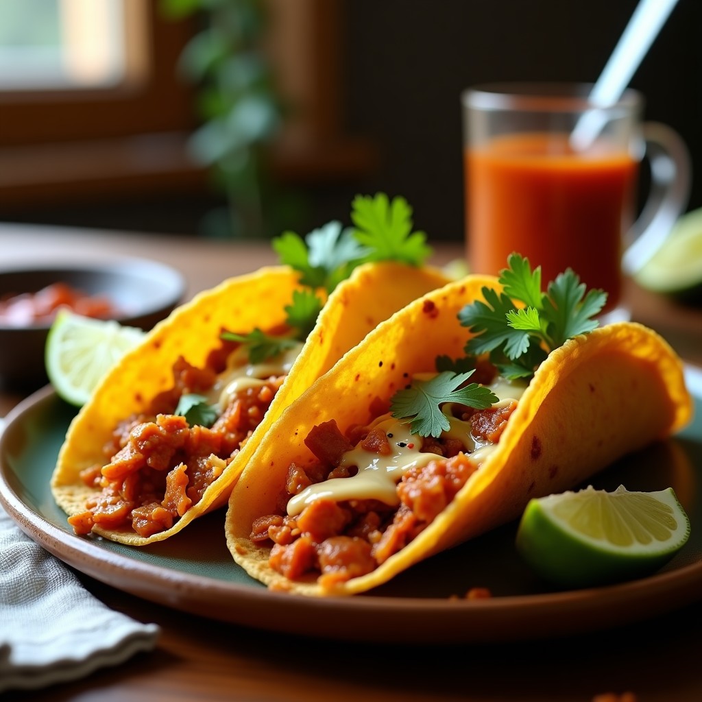 Tacos quesabirria veganos dorados en Airfryer, rellenos de jackfruit desmenuzado en salsa de chile guajillo y queso vegano fundido, servidos en plato rústico con cilantro fresco y limón.