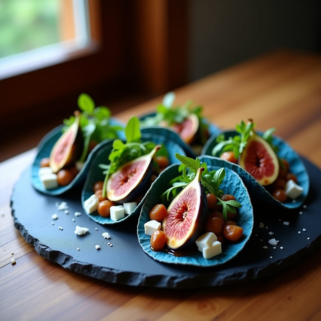 Plato de tacos abiertos de tortilla de maíz azul con queso azul desmenuzado, higos caramelizados en trozos, nueces pecanas, rúcula baby y hilo de vinagre balsámico, sobre fondo rústico de madera.