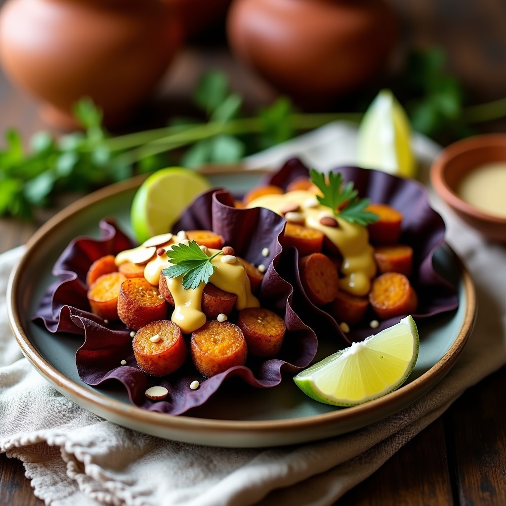 Tacos de raíces andinas asadas (olluco, papa morada y yacón) sobre hojas de lechuga morada, bañados en salsa cremosa de lúcuma con almendras fileteadas y semillas de sésamo. Plato colorido y vibrante típico de la cocina peruana keto, servido en un mantel de lino rústico.
