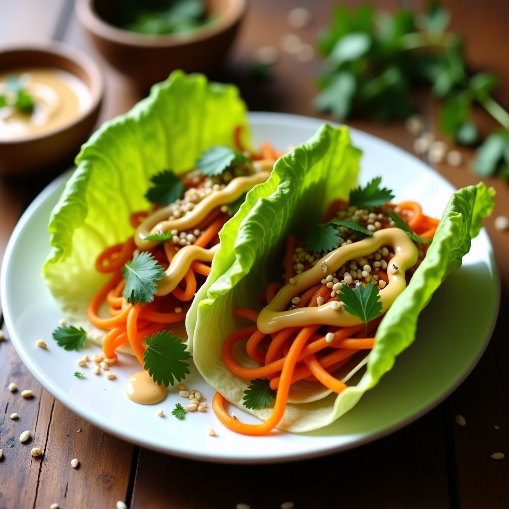 Tacos veganos crudiveganos con hojas de lechuga romana rellenas de juliana de raíces de apio y zanahoria, cubiertos con salsa cremosa de tahini y granadilla, decorados con semillas de sésamo y cilantro fresco sobre un plato de madera rústico.