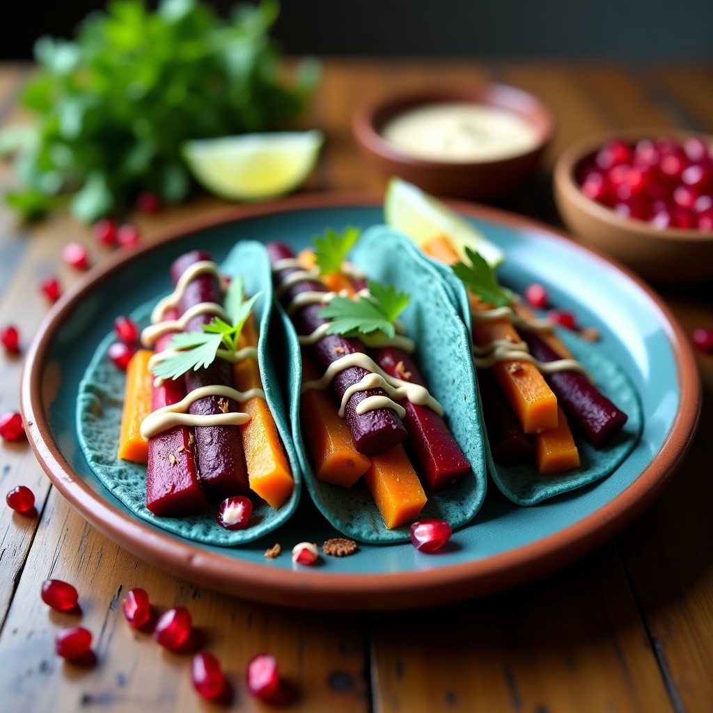 Plato de tacos de maíz azul rellenos de bastones dorados de remolacha, zanahoria morada, apio nabo y batata asadas, bañados en salsa cremosa de tahini y decorados con semillas rojas de granada y hojas de cilantro fresco. Receta vegana y crujiente de tacos de raíces asadas con aderezo de tahini y granada.