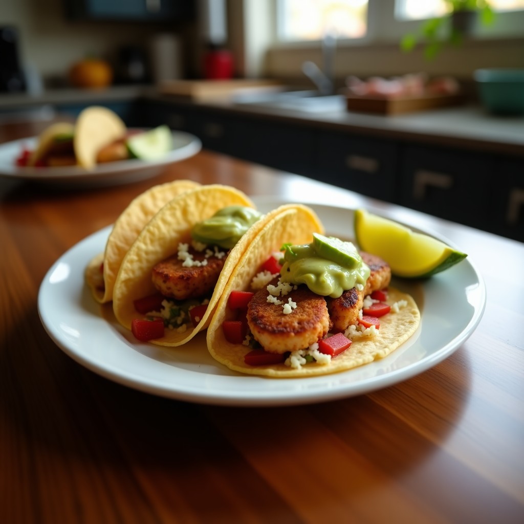 Plato de tacos veganos y sin gluten con raíces asadas (remolacha, zanahoria y batata) doradas, medulata de aguacate cremosa con queso Essex vegano, servidos en tortillas de maíz sobre un fondo rústico de madera con semillas de calabaza y cilantro fresco.